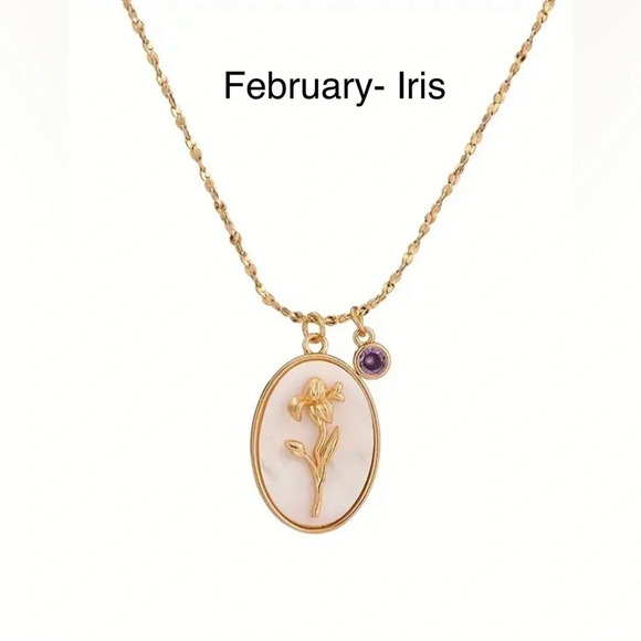 Birth Flower Necklace in  Oval White Shell Pendant - Picture 3 of 9